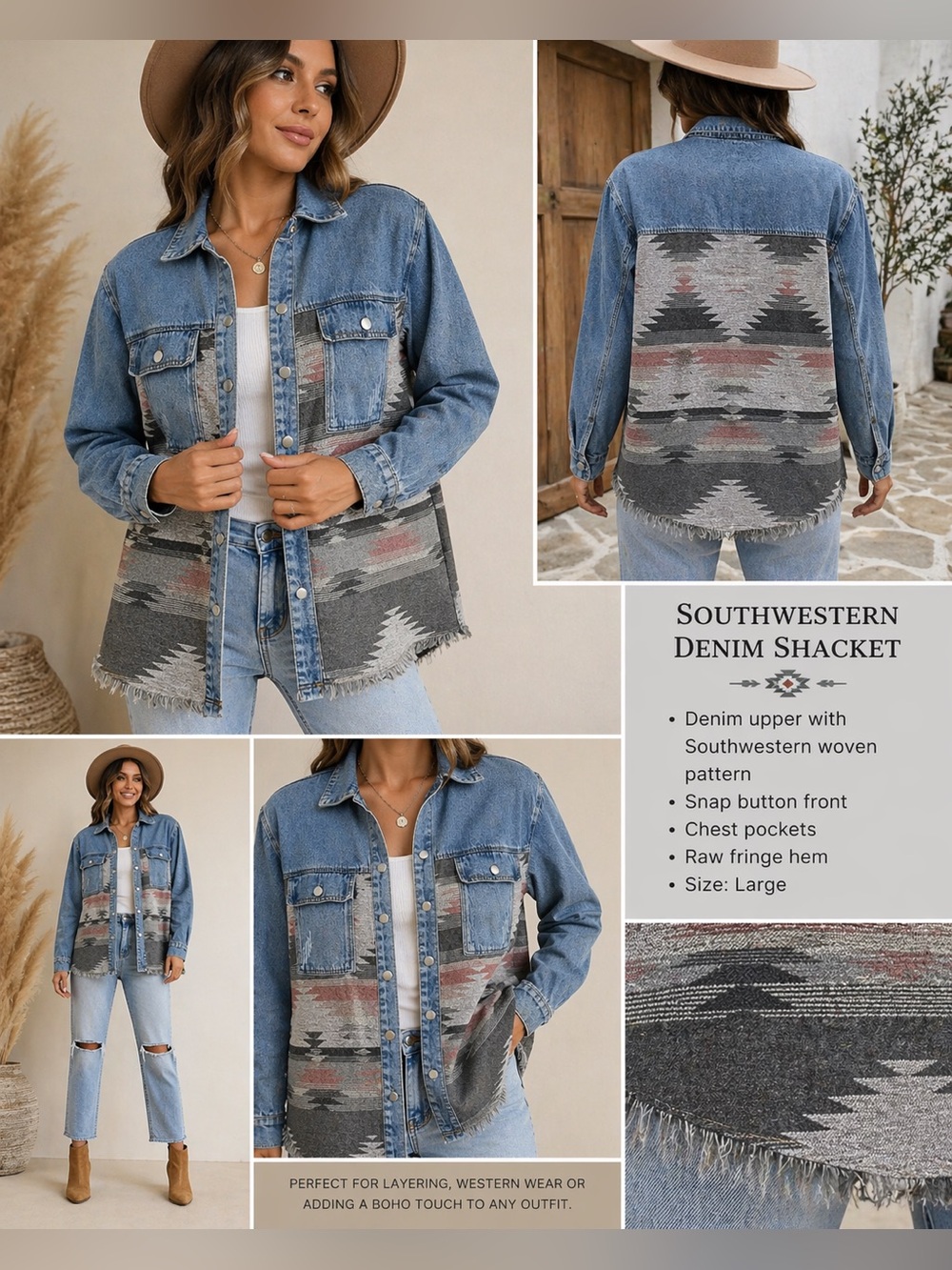Womens Southwestern Denim Jacket XL‎ Aztec Fringe Pockets Shacket Boho Layering